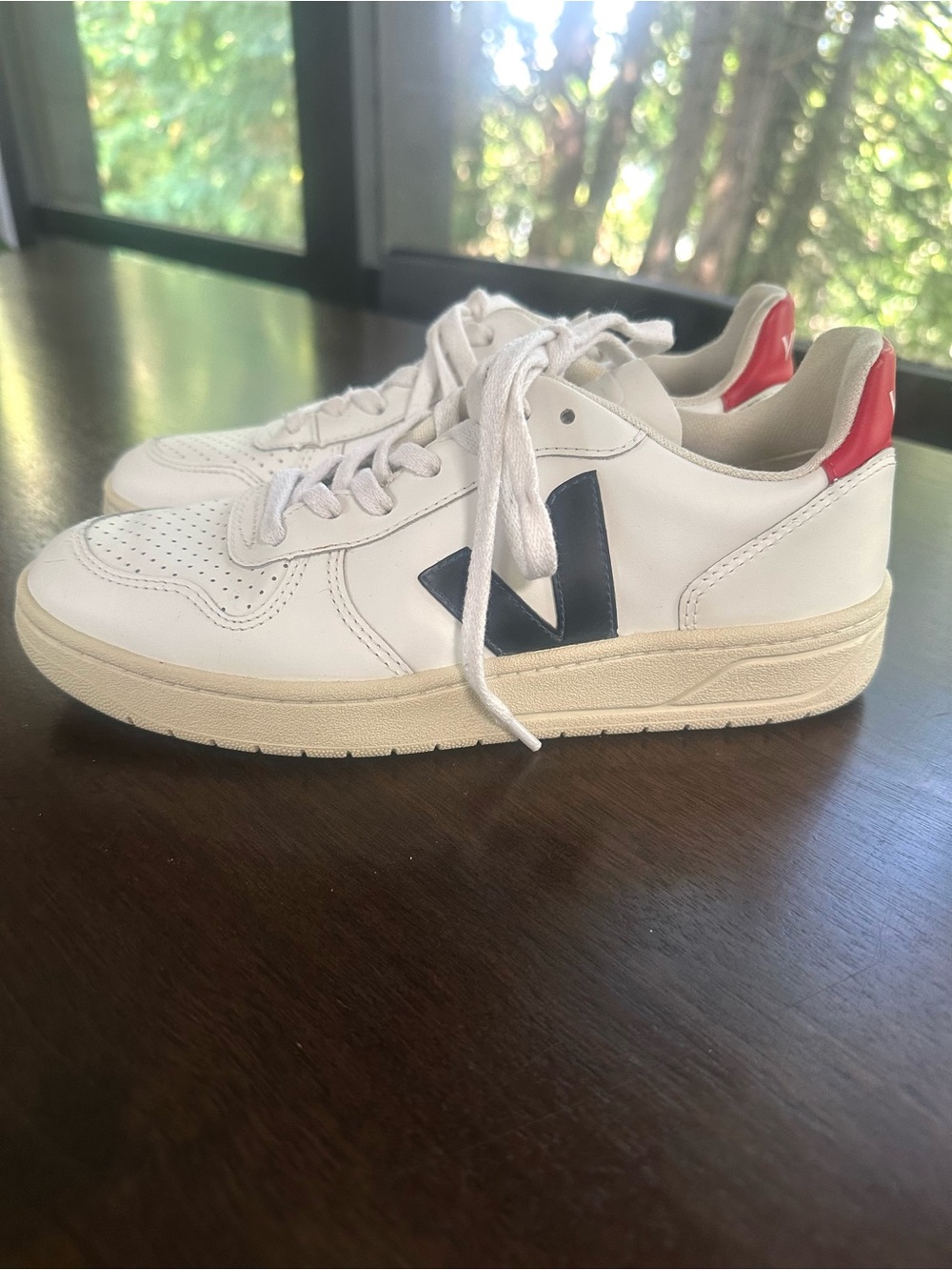 Veja Women’s V-10 Nautico White Leather Sneakers with Navy V and Red Heel Tab 7
